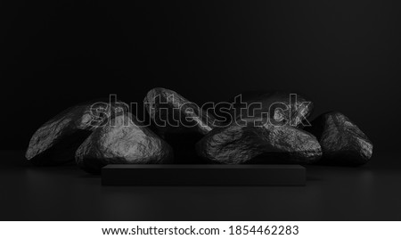 square stand cosmetic on rock backdrop in black background,3d rendering