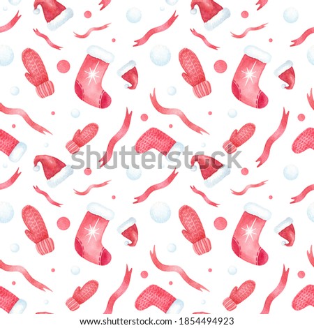 Seamless watercolor pattern. Christmas hand drawn texture with mittens, christmas socks, christmas hats, confetti. Red, blue, white colors.
