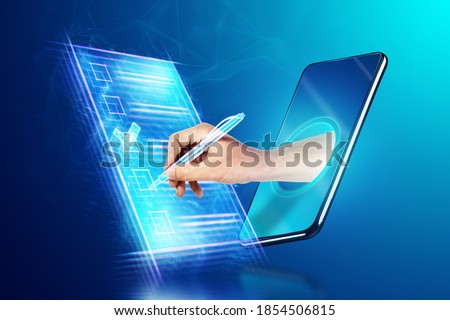 Online voting, the Hand gets out of the Smartphone and puts a tick in the e-newsletter in the form of a hologram. Electronic voting technology concept