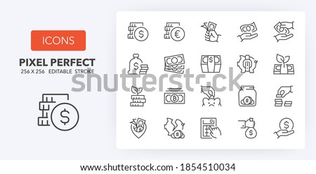 Money, coins and finances thin line icon set. Outline symbol collection. Editable vector stroke. 256x256 Pixel Perfect scalable to 128px, 64px... Royalty-Free Stock Photo #1854510034