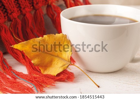 Close-up of dry yellow autumn leaf on a knitted red fringed scarf near white mug of hot steaming coffee. Cozy fall mood concept. Selective focus. Front view.