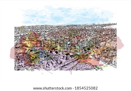 Building view with landmark of Beersheba is the largest city of southern Israel. Watercolour splash with hand drawn sketch illustration in vector.