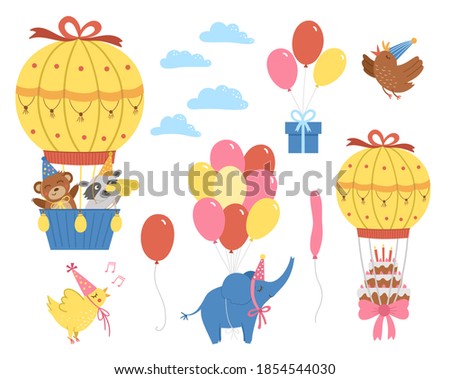 Vector set of hot air balloons, cute animals, birds and clouds. Adorable flying characters pack. Funny birthday clipart collection for card, poster, print design. Bright holiday party illustration
