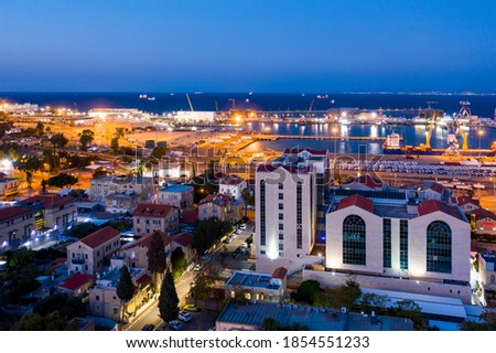 Night aerial view of the German colony, the port of Haifa.