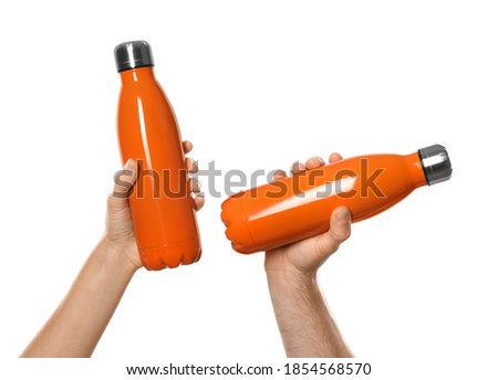 People holding orange thermos bottles, collage of photos on white background