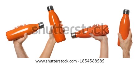 People holding orange thermos bottles, collage of photos on white background. Banner design 