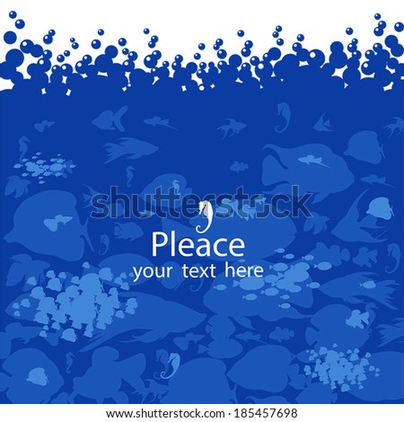 Vector image blue and dark blue of sea fishes, sea horses on white-blue background with bubbles and the words