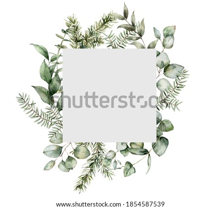 Watercolor Christmas frame with fir and eucalyptus branches. Hand painted holiday plants isolated on white background. Floral illustration for design, print, fabric or background.