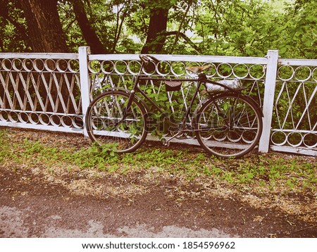 Old vintage soviet bicycle countryside river bridge village