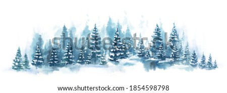 Watercolor Blue landscape of foggy forest hill. Evergreen coniferous trees. Wild nature, frozen, misty, taiga. Horizontal watercolor background.