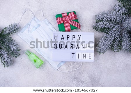 Happy quarantine text. Festive New year or Christmas background