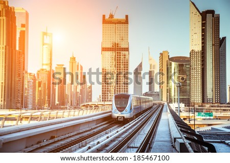 Dubai Metro. Evening view of the city. UAE Royalty-Free Stock Photo #185467100