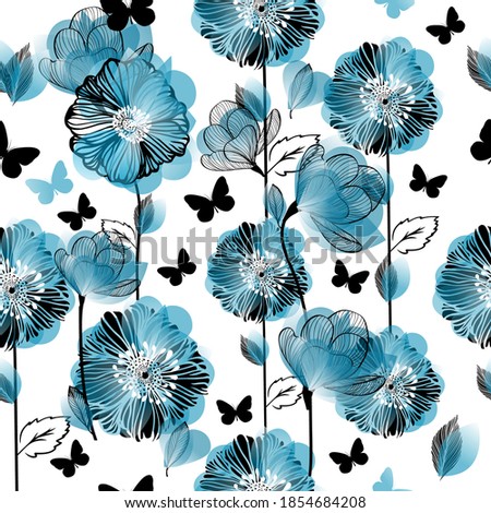 A seamless background with blue flowers and butterflies. Vector illustration