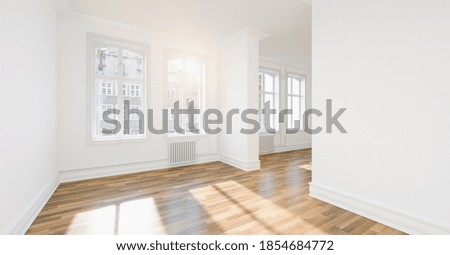 Empty room interior design, open space with windows, parquet wooden floor, modern contemporary architecture
