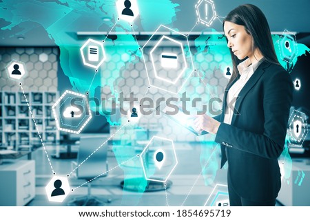 Businesswoman with digital tablet and computing cloud hologram on world map.. Idea and marketing concept.