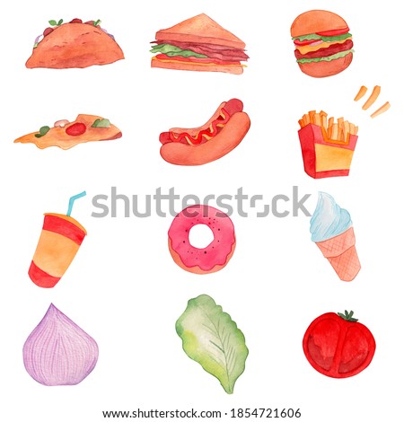 Watercolor fastfood illustration. Taco, sandwich, burger, pizza, hot dog, french fries, soda, donut and ice cream artworks. Decorative scrapbook clip art. Food painting set. 