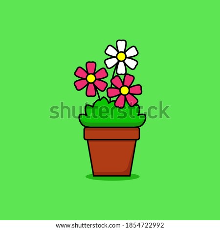 Simple flowerpot vector illustration on green background. Linear color style flowerpot icon