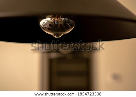 Black hanging lamp with a focus inside and a black wooden door with white walls in close up concept.