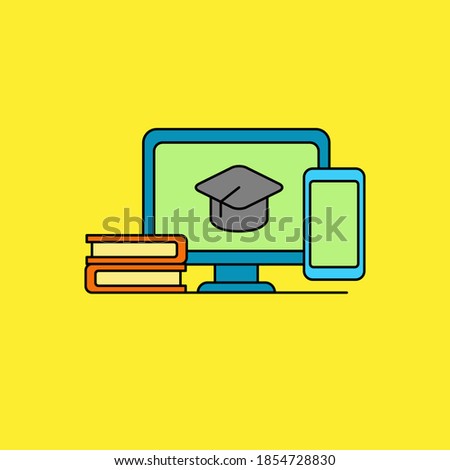 Simple online education concept vector illustration with computer, smartphone and books. Linear color style online education icon 