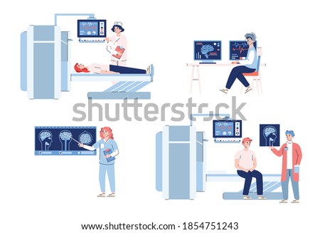 Doctors research at results of patients brain  scan. Health checkup using magnetic resonance diagnostics, tomography in hospital. A set of vector illustrations