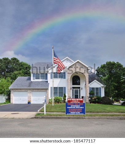 Rainbow For sale open house welcome sign American Flag pole Suburban McMansion Home Residential neighborhood USA