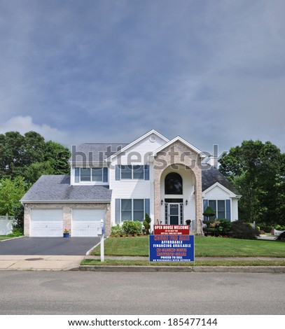 Real Estate For Sale Open House Welcome Sign Suburban McMansion Two Car Garage House residential neighborhood USA
