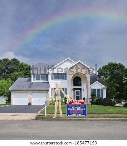 Rainbow Mannequin Real Estate For Sale Open House Welcome Sign Suburban McMansion Home Residential neighborhood USA
