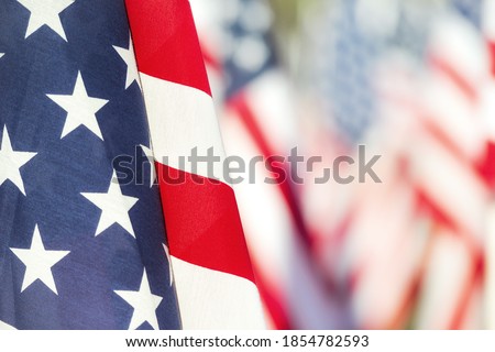 Closeup of an American flag in a row. Flags in the background. 