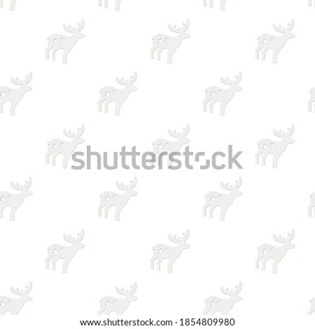 Seamless pattern made of wooden christmas or new year decoration in form of horned deer with carved stars on white background. Isometric concept