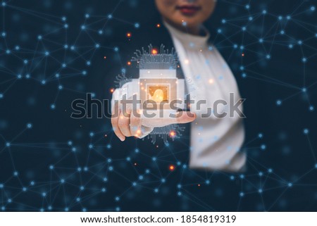 Business woman Touching Digital transformation icon in graph Screen Icon of a media screen, business process strategy, customer service management, cloud computing, Investment idea, concept