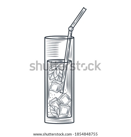 glass with ice leaf and straw, cocktail and alcohol drink, thin line style icon vector illustration