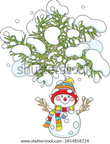 Funny toy snowman with a colorful striped scarf and a warm hat hanging on a snowy prickly fir branch of a decorated Christmas tree, vector cartoon illustration isolated on a white background