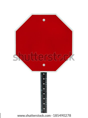Photograph of a blank red traffic stop sign with all text letters removed. Surface grid pattern has be left intact.  Isolated on a white background.   