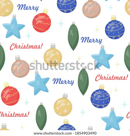 Winter Seamless Pattern. Colorful Christmas tree decorations. Bright balls, cones and stars. Symbols of New Year and Christmas, home decoration. For packaging paper, covers, fabrics.