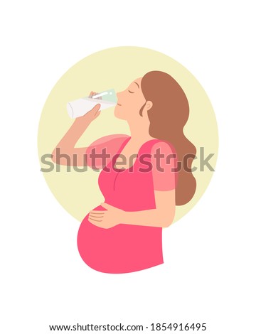 Pregnant woman drinking a glass of woman. Pregnancy clip art. Flat vector isolated.