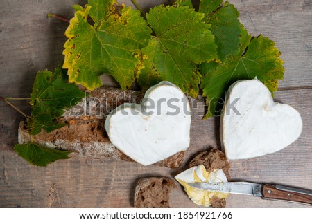 French Neufchatel cheese shaped heart on the autumn leaves