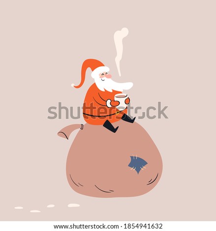 Cartoon fat Santa Claus sitting with a mug of hot drink in his hands. Smiling Santa on a large bag of gifts with a patch on it. Hand-drawn colorful doodle story. Vector stock isolated illustration.
