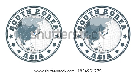 South Korea round logos. Circular badges of country with map of South Korea in world context. Plain and textured country stamps. Vector illustration.