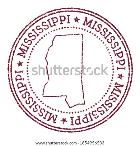 Mississippi round rubber stamp with us state map. Vintage red passport stamp with circular text and stars, vector illustration.