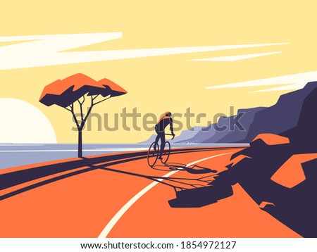 Vector illustration of a cyclist riding along the ocean mountain road.