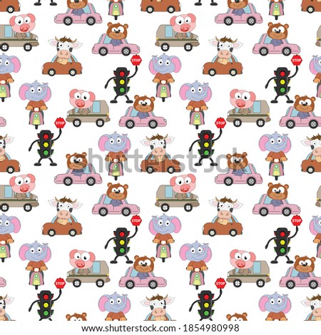 pattern design with cute animal cartoon and transportation ornament