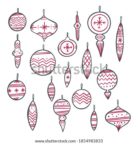 Hand drawn Christmas decorations. Christmas tree toys. Vector image, clipart, editable details. For backgrounds, packaging, textile and various other designs.