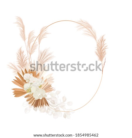 Wedding dried lunaria, orchid, pampas grass floral wreath. Vector Exotic dried flowers, palm leaves boho invitation card. Watercolor template frame, foliage decoration, modern poster, trendy design Royalty-Free Stock Photo #1854985462