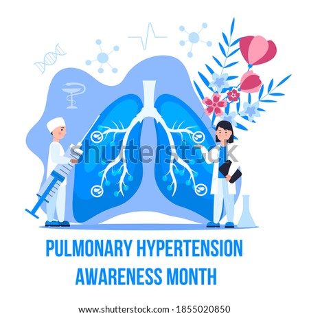 Pulmonary Hypertension awareness month is celebrated in November. Pulmonary fibrosis, tuberculosis illustration for website, app, banner. Tiny doctors treat, scan internal organ. Royalty-Free Stock Photo #1855020850