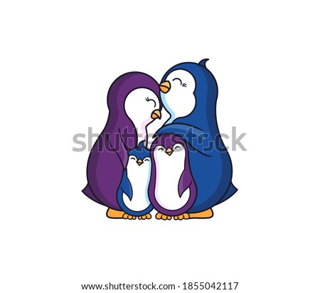 Penguin Family hugging. Cartoonish animals, children and lovely parent couple. Good for family look designs, t-shirts, clothes, etc. Vector illustration