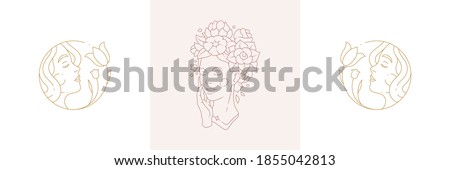 Magic nymphs tender female enchantresses in boho linear style vector illustrations set. Simple bohemian emblems in golden lines with beauty woman heads symbols for mystic design and cosmetic concept Royalty-Free Stock Photo #1855042813