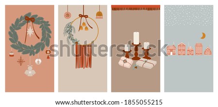 Merry Christmas or Happy New Year vertical background for social media or mobile app template. Holidays boho elements in Scandinavian style.  Editable Vector illustration