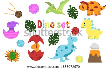 Dinosaurs vector cute set illustration, design elements for kindergarten, kid, child, of including Stegosaurus, Brontosaurus, Velociraptor, Triceratops, Tyrannosaurus rex, Spinosaurus, and Pterosaurs.