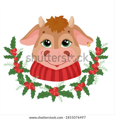 cute bull drawn in cartoon style. Animal symbol of 2021. A bull or a cow in a red jacket and boots. winter vector illustration with animal isolated on white background