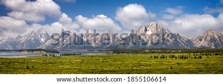 Grand Teton national park, mountain range panorama, Wyoming, USA. Panoramic web banner. Royalty-Free Stock Photo #1855106614